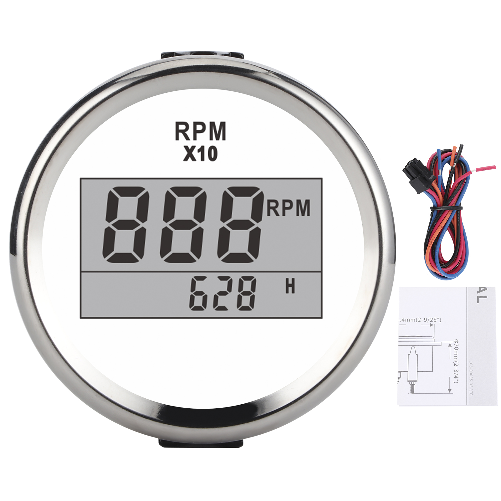 Drehzahlmesser (0–9990 U/min), Wasserdicht (ip67), Weißes Zifferblatt, Silbernes Zifferblatt, 52 Mm, Rote Lcd-hintergrundbeleuchtung, 9–32 V