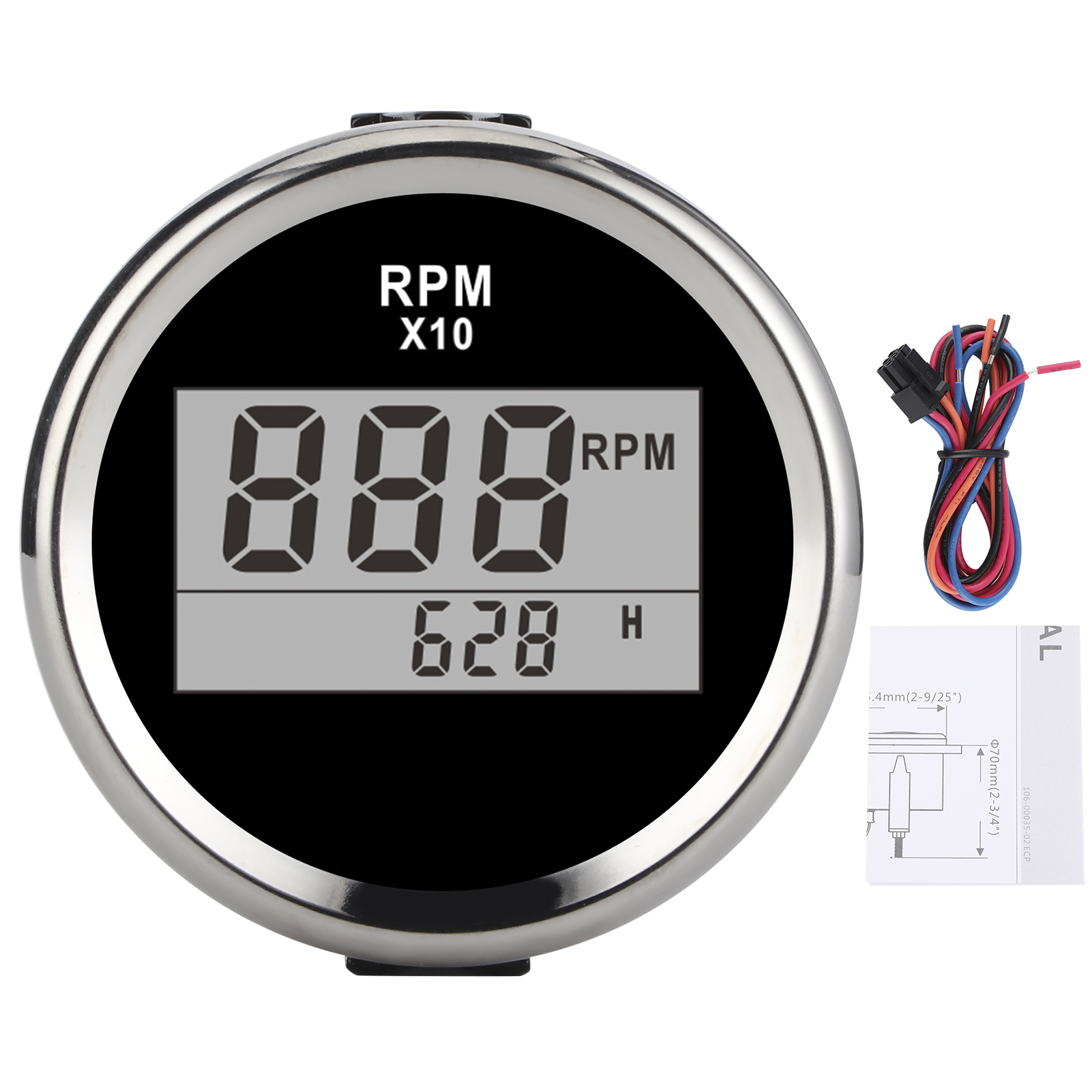 Digitaler Drehzahlmesser 0–9990 U/min, Ip67 Wasserdicht, Rote Hintergrundbeleuchtung, 52 Mm (2 Zoll) Lcd-bildschirm, 9–32 V, Schwarzes Zifferblatt, Silberne Abdeckung
