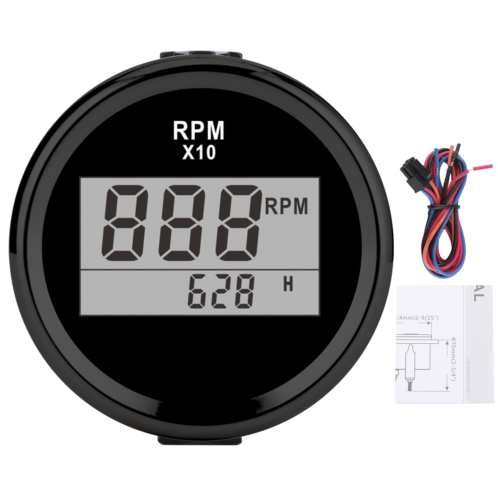 Digitaler Drehzahlmesser 0–9990 U/min, Wasserdicht Nach Ip67, Rote Hintergrundbeleuchtung, 52 Mm/2 Zoll Lcd-display, 9–32 V Stromversorgung, Schwarzes Zifferblatt, Schwarze Abdeckung