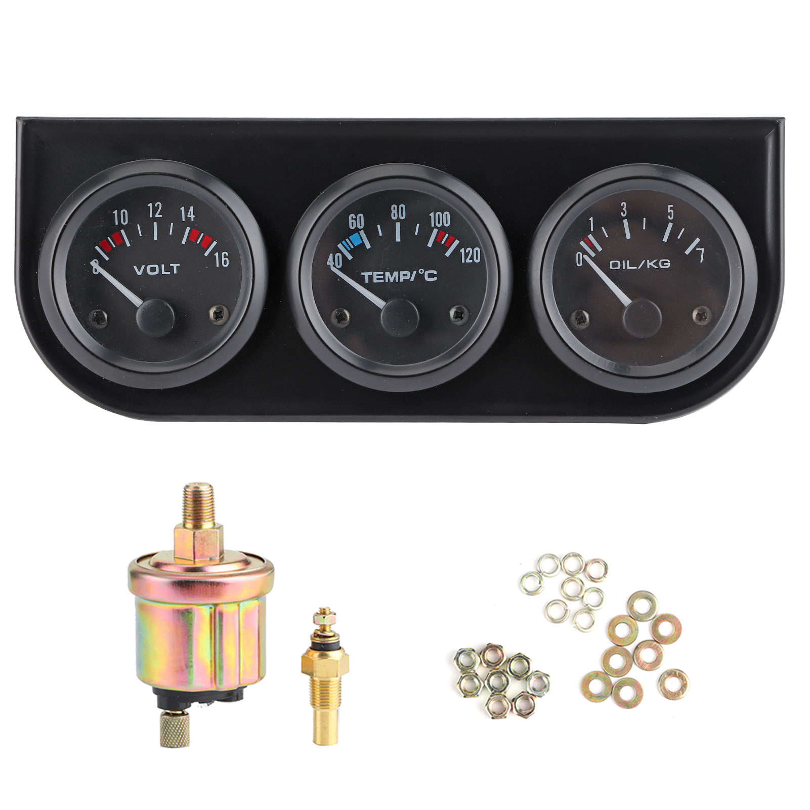 3-in-1 Dreifach-anzeigegerät Für Autos: Voltmeter 8-16v, Wassertemperatur 40-120℃, Öldruck 0-7kg, Set Mit 1/8 Zoll Und 52mm/2 Zoll Npt-druckmessgerät.