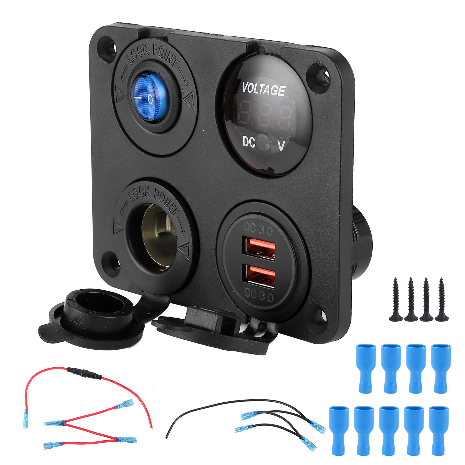 Wasserdichtes 4-loch-schaltpanel (12–24 V) Mit Zwei Qc3.0-usb-anschlüssen, Voltmeter Und Stromausgang Für Boote, Autos, Wohnmobile Und Lkws