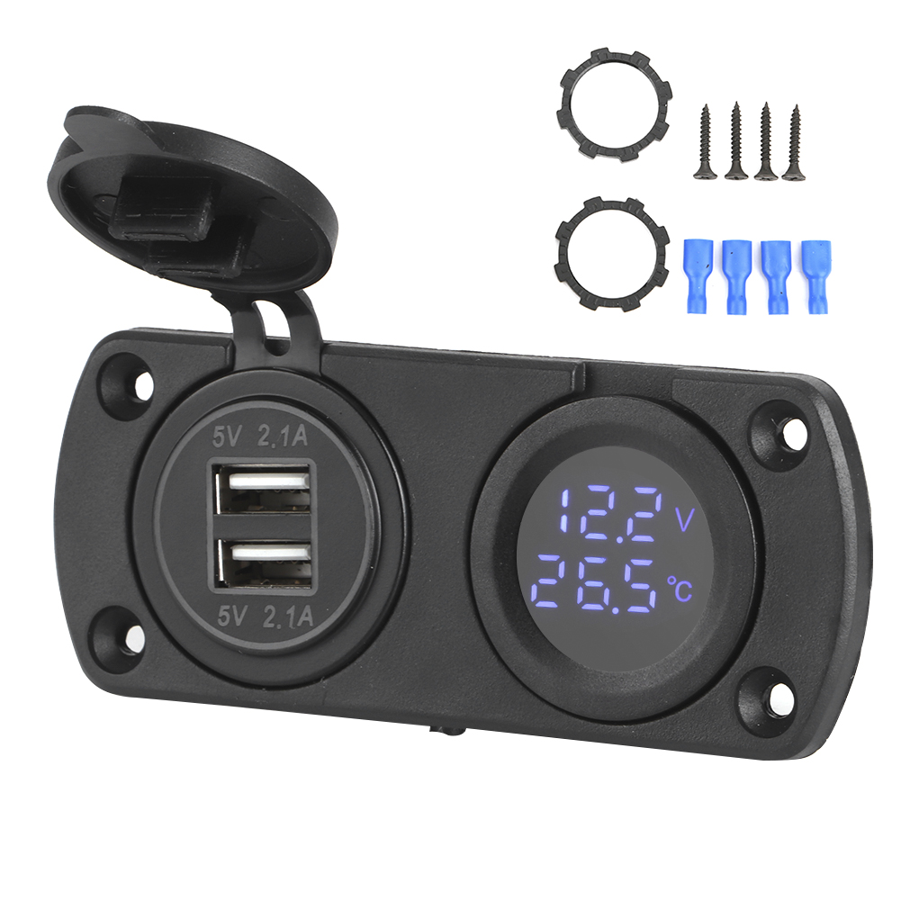 Blaue 12-v-zigarettenanzünderbuchse Mit Voltmeter Und Temperaturanzeige, Doppelter Usb-kfz-ladeanschluss, 12-v-steckdose