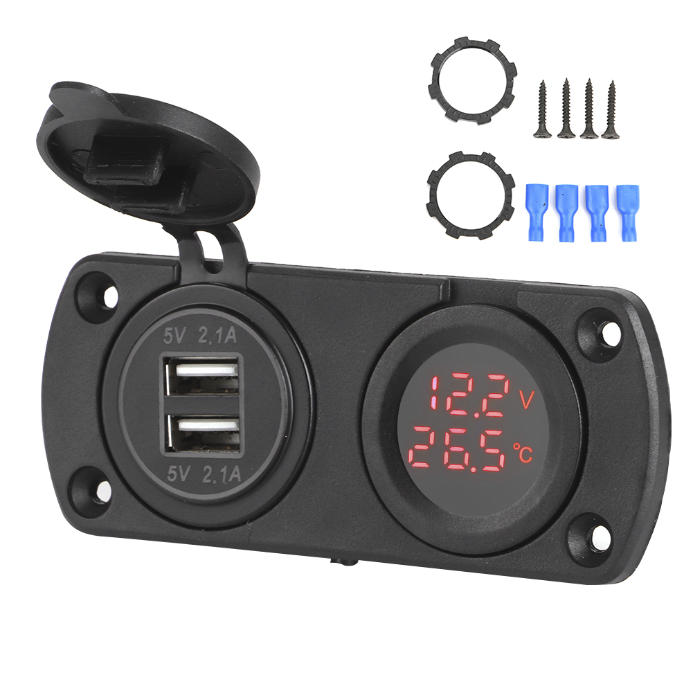 Rote 12-v-zigarettenanzünderbuchse Mit Zwei Usb-anschlüssen, Voltmeter Und Thermometer Für Autos