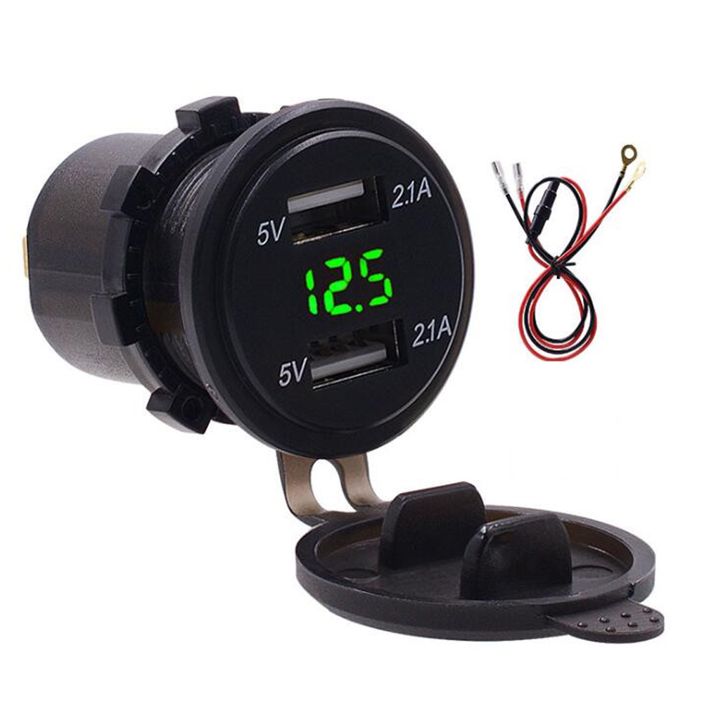 Dual-usb-kfz-ladegerät 4,2 A Mit Wasserdichtem Led-voltmeter, 60 Cm Grünes Kabel, Dc 12–24 V