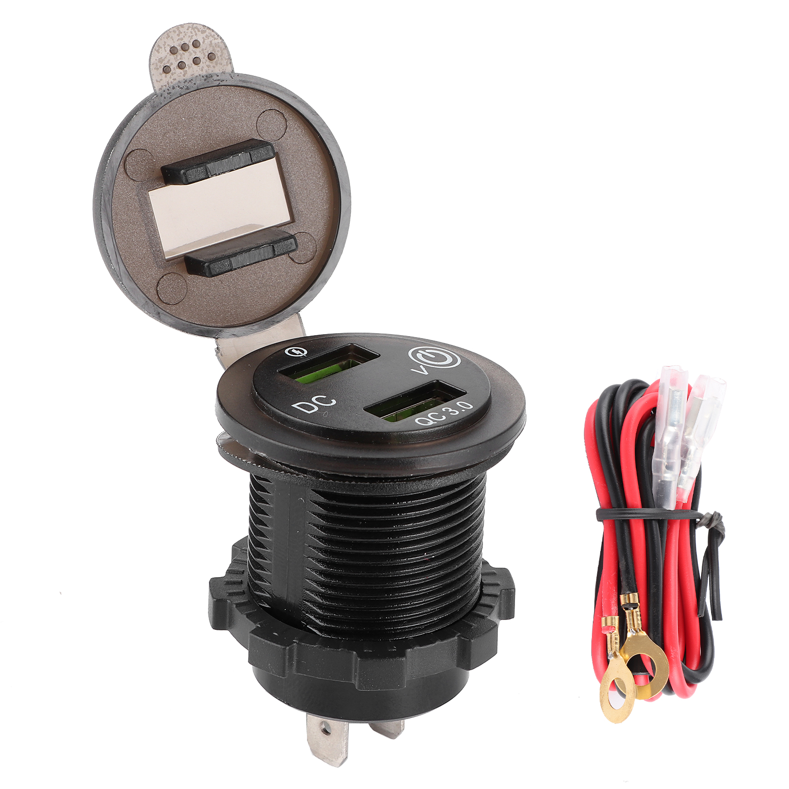 Schnellladefähiges, Wasserdichtes Usb-ladegerät Mit Zwei Anschlüssen (qc 3.0) Und Blauer Led-voltmeteranzeige Für Auto, Boot, Yacht, Atv Und Wohnmobil