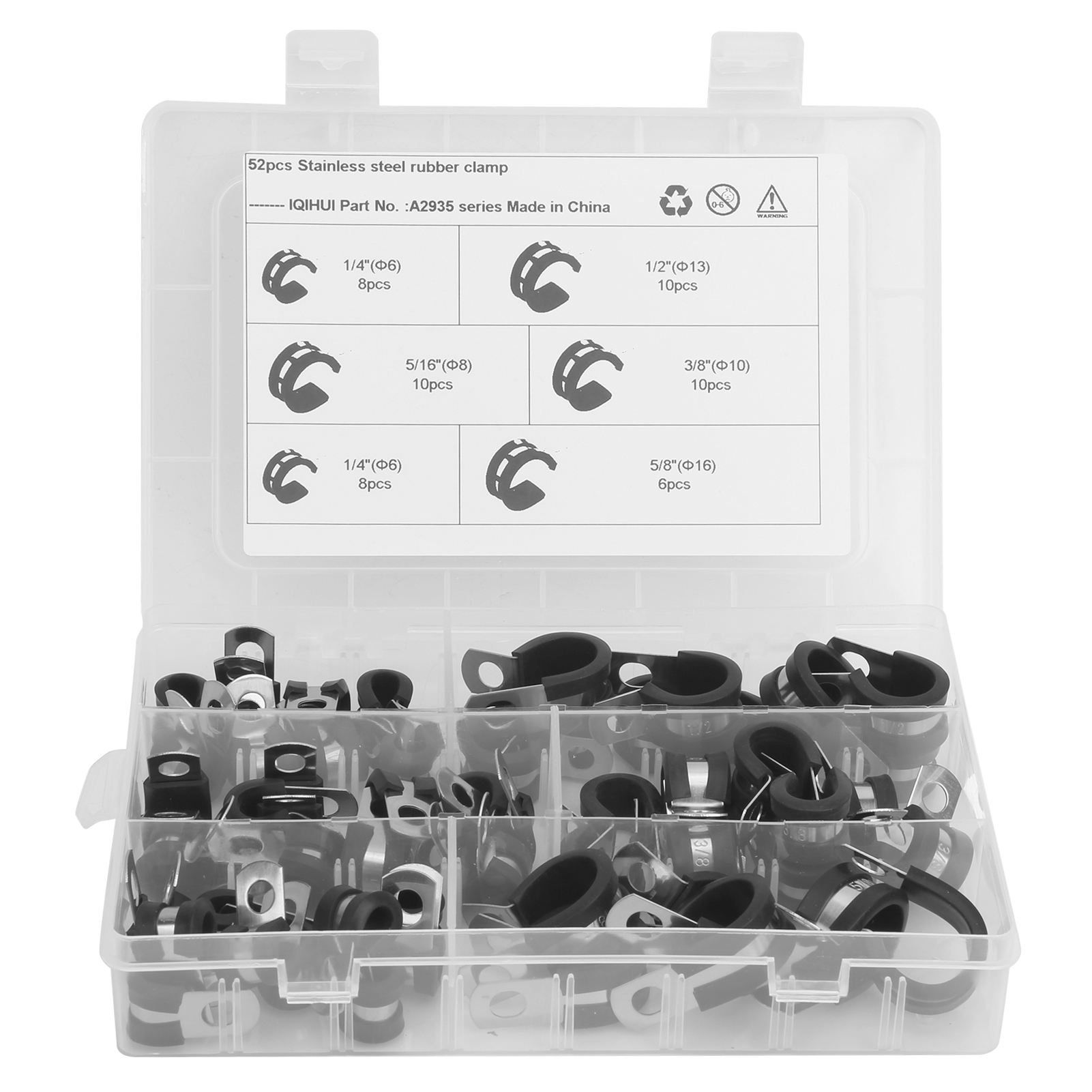52-teiliges Schlauchschellen-set Vom Typ R Mit Gummipolsterung, 5 Größen: 1/4, 3/8, 1/2, 5/8 Und 5/16 Zoll.