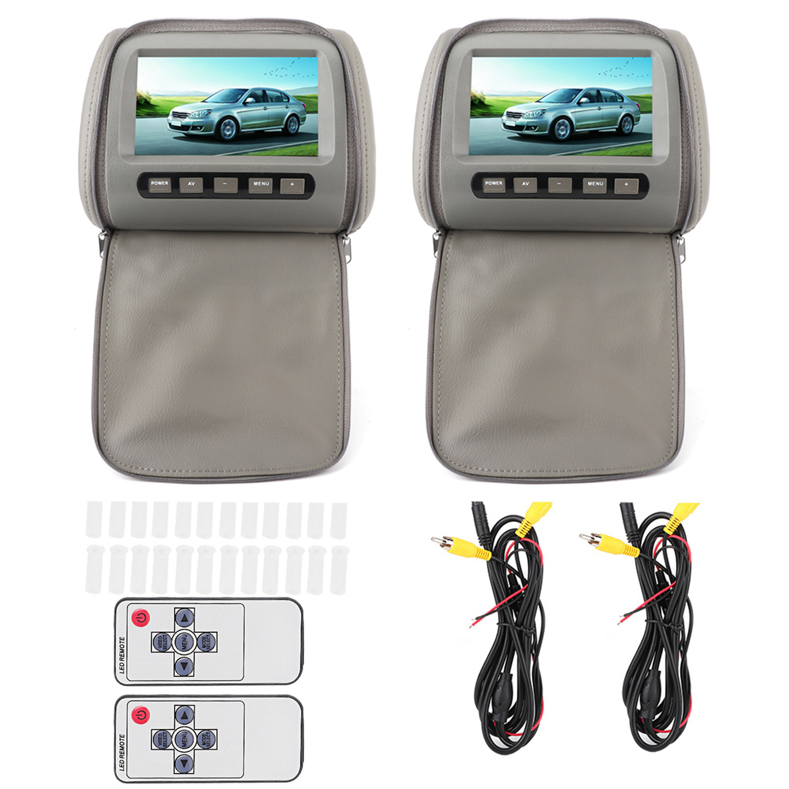 2 X 7-zoll-hd-lcd-bildschirm-kopfstützenkissen Fürs Auto, Mp5-videoplayer Mit Fernbedienung Und Reißverschlusshülle, Grau