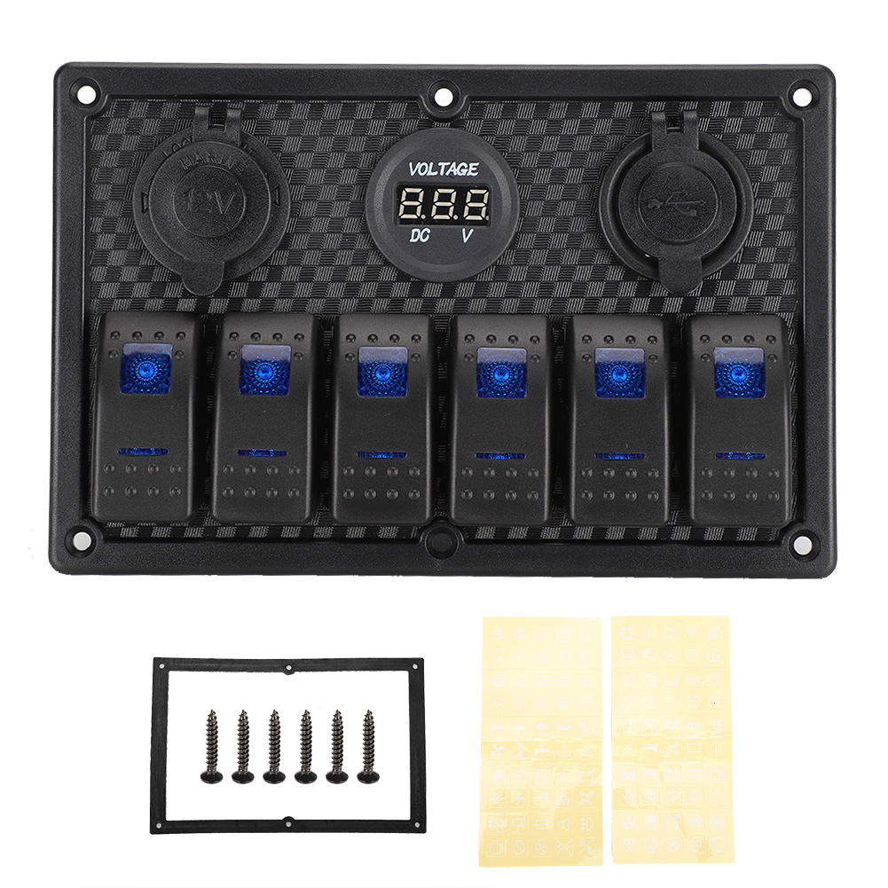 12v-24v 6-schalter-wippschalter Mit Zigarettenanzünderbuchse, 2 Usb-anschlüssen Und Integriertem Voltmeter Für Auto, Boot, Lkw Und Wohnmobil
