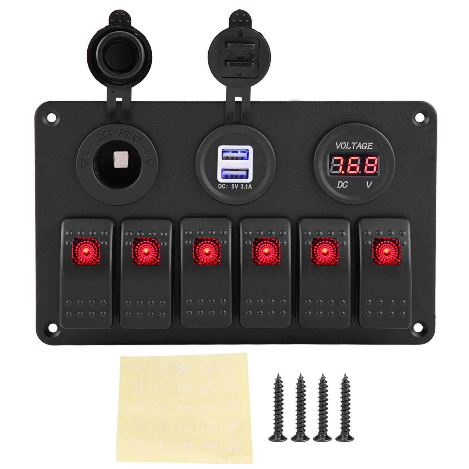 6-fach Led-wippschalter 12v/24v Für Boote, Autos Und Schiffe, Mit Zwei Usb-anschlüssen, Voltmeter Und Rotem Zigarettenanzünder.
