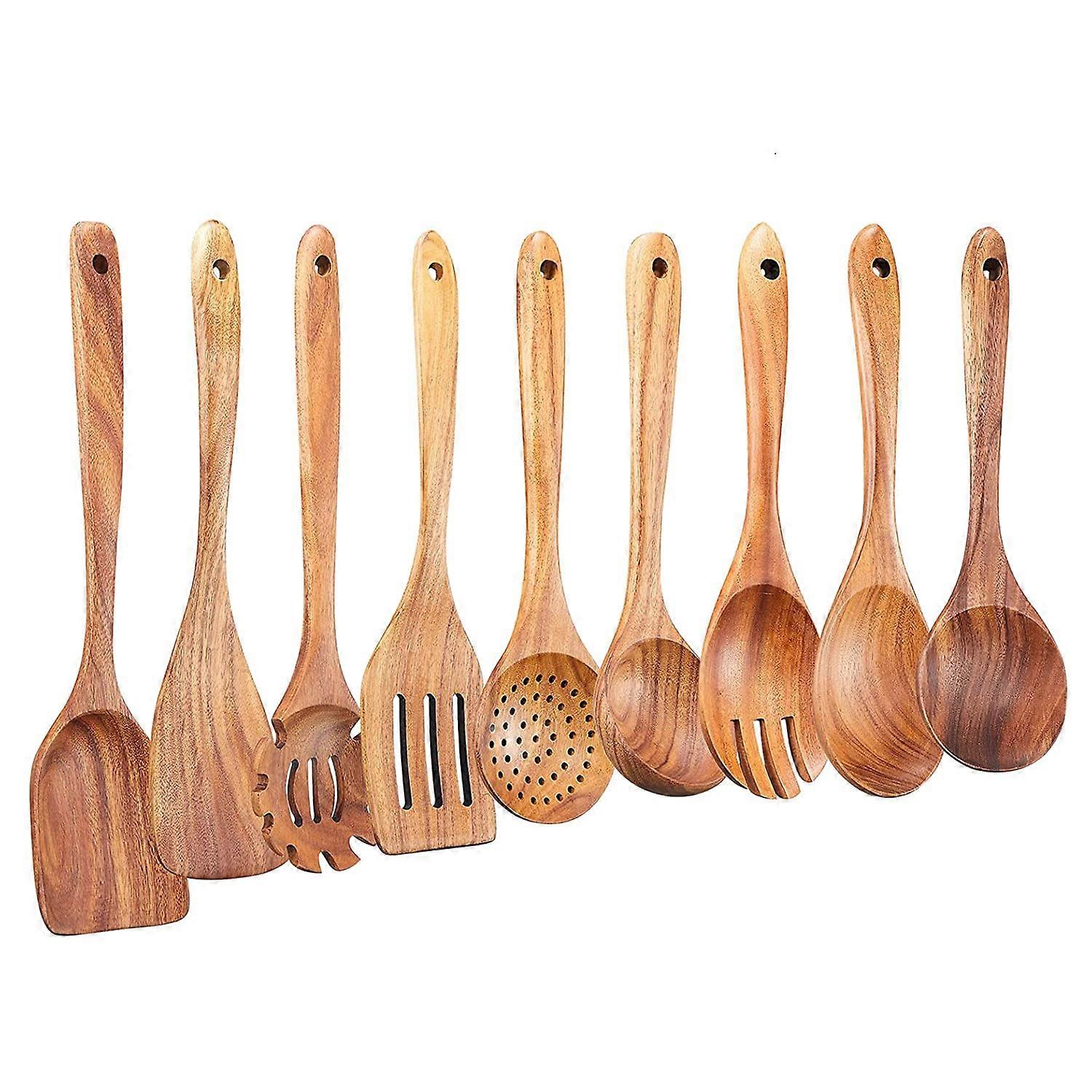 Set Aus 9 Küchenutensilien Aus Holz Zum Kochen, Ideal Für Beschichtete Pfannen, Kochutensilien Aus Naturholz, Set Aus Hitzebeständigem Haushaltsbesteck.