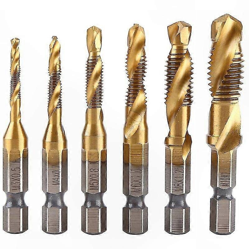 Satz Von 6 Metrischen Gewindebohrern M3-m10, Titanbeschichteter Hss-stahl, 1/4"-sechskantschaft", Für Präzises Gewindeschneiden Und Bohren.