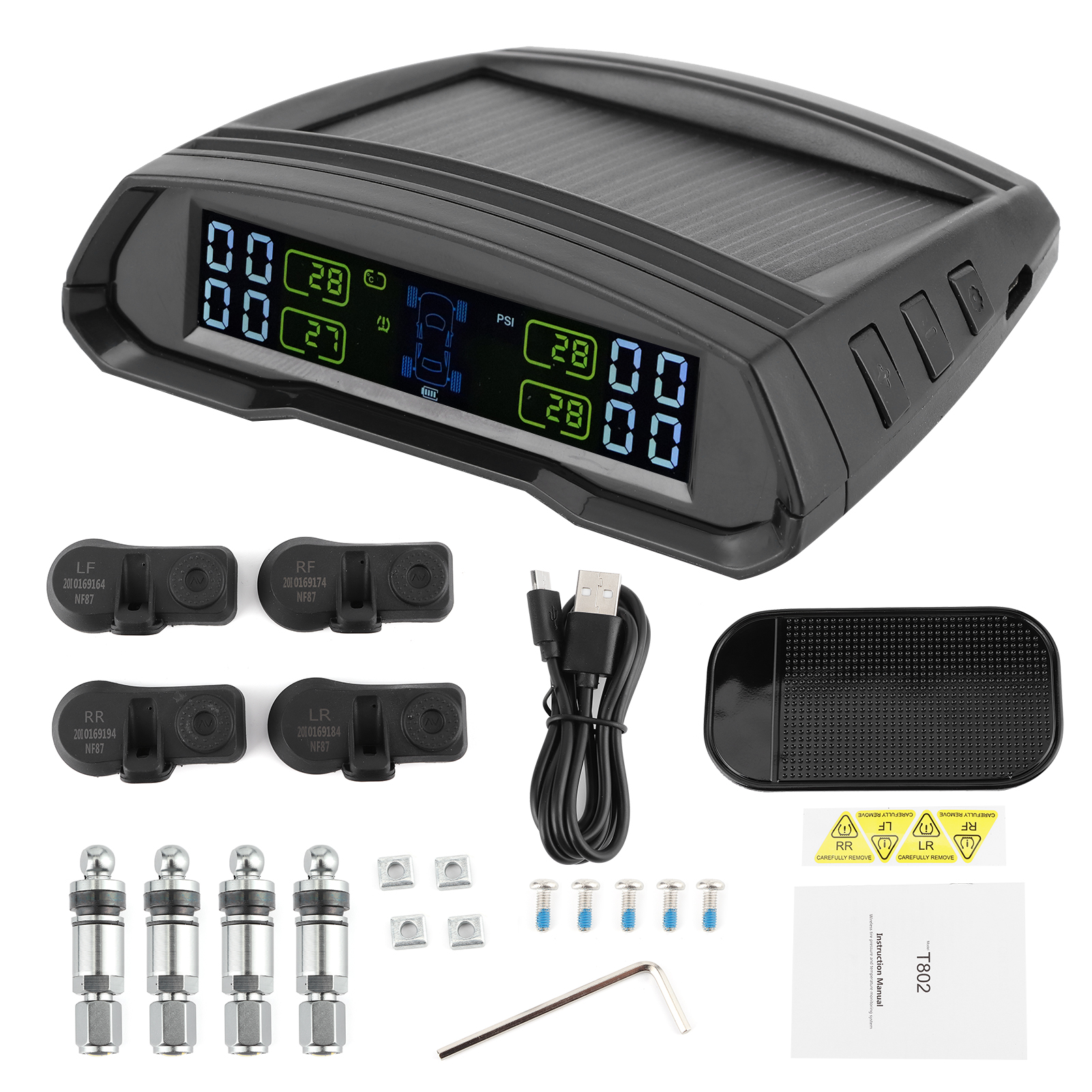 Drahtloses Solar-/usb-reifendruckwarnsystem, Digitales Lcd-display Mit Tpms-monitor Und Sensoren