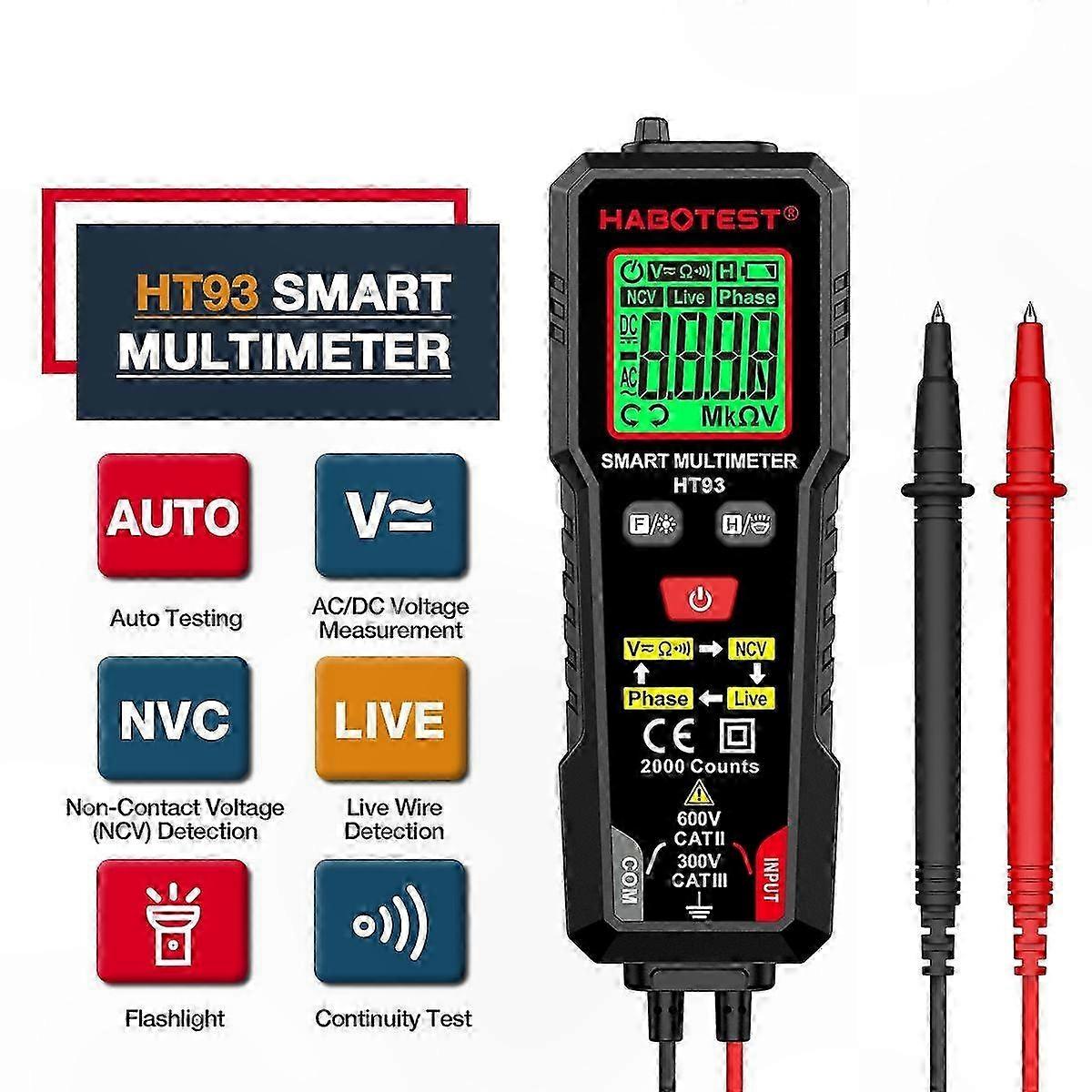 Digitales Multimeter Mit 2000 Messpunkten, Automatischer Bereichswahl, Ac/dc-ohmmeter Mit Berührungsloser Spannungserkennung, Präzise Messung Für Elektriker Und Heimwerker.