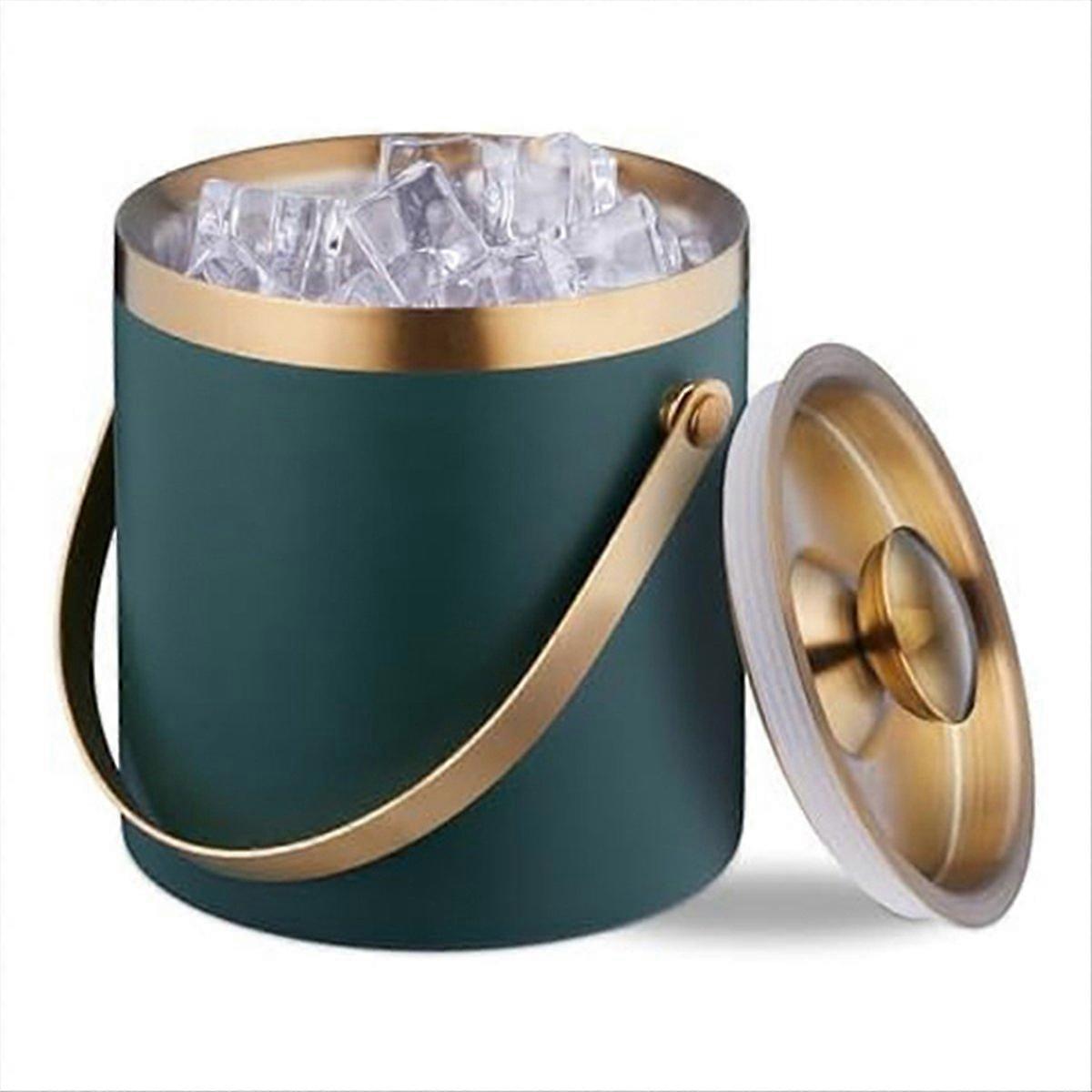 Eisbehälter Aus Edelstahl, Doppelwandig, Mit Deckel Und Griff, Grün Und Gold