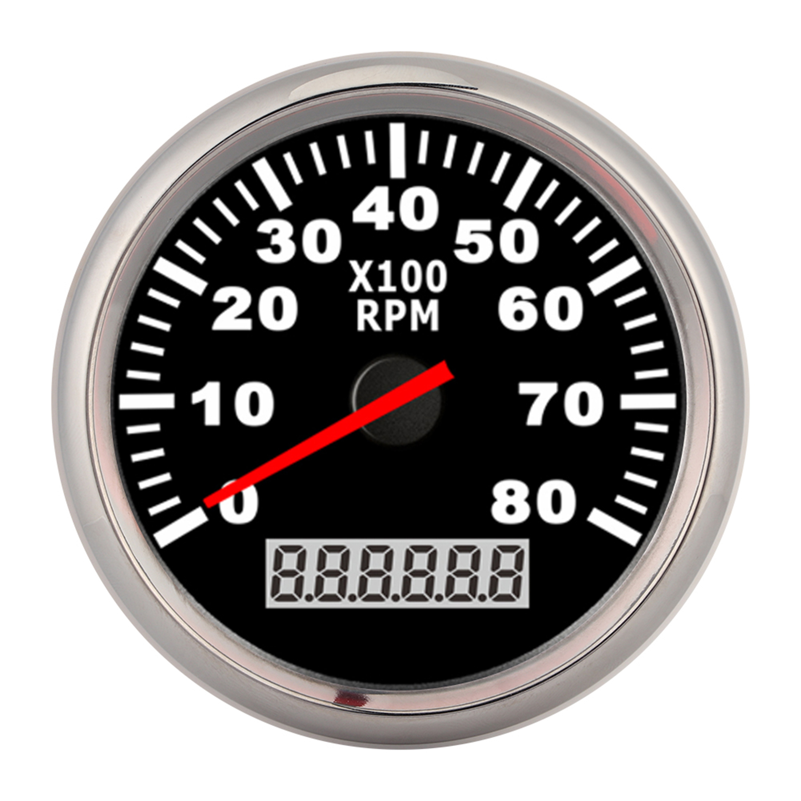 Digitaler Tachometer (85 Mm, 8000 U/min) Mit Roter Led-hintergrundbeleuchtung, Wasserdichte Zeitanzeige Für Boot/auto (12 V/24 V) – Schwarzes Zifferblatt, Silberner Rahmen