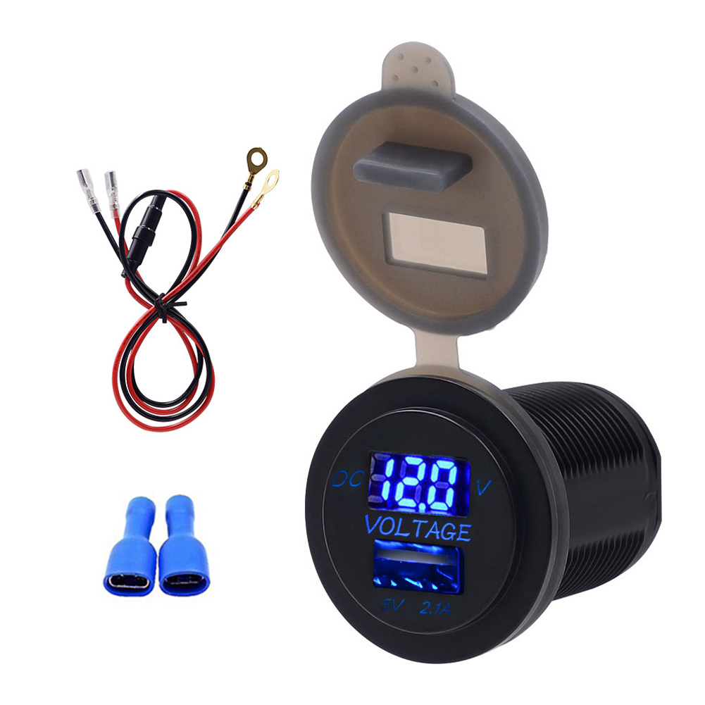 2,1-a-usb-kfz-ladegerät, Blau, Wasserdicht (ip66), Voltmeter, Spannungsanzeige, 12–24-v-gleichstromstecker