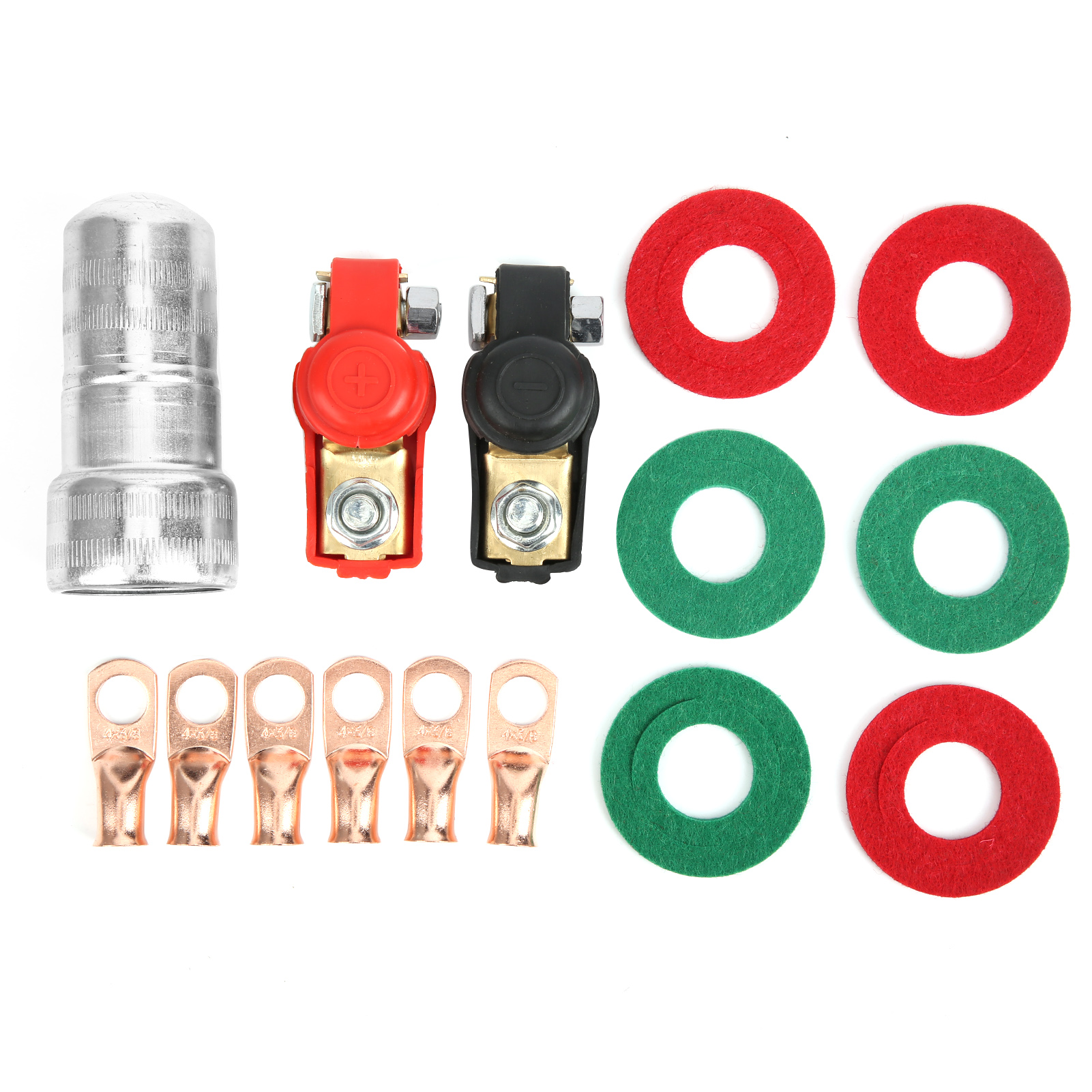 Set Mit 2 Kupfer-batterieklemmen, Inklusive 6 Kupferringen + 1 Reinigungsbürste Für Auto, Boot, Wohnmobil Und Lkw
