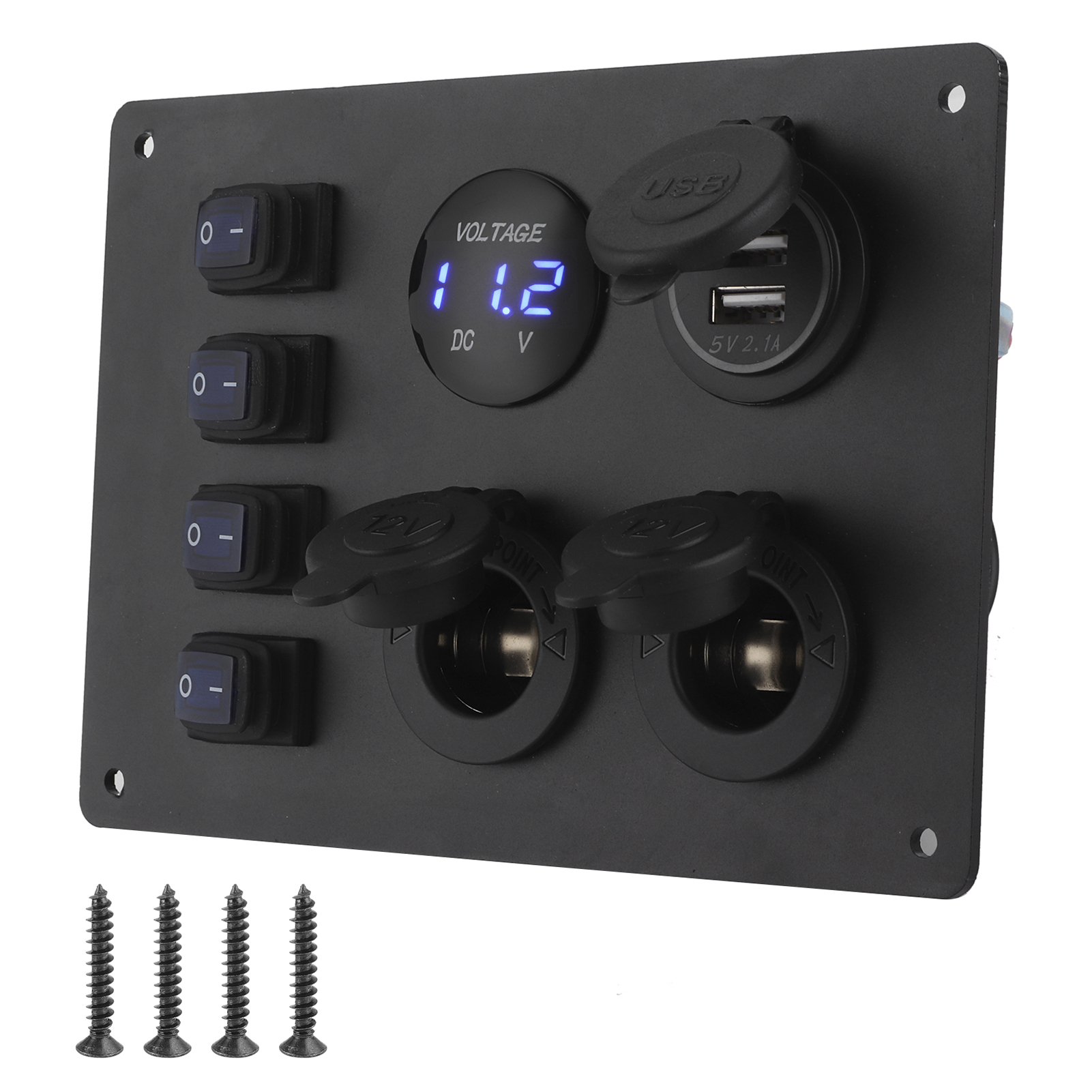 Wasserdichtes 4-wege-wippschalterfeld Mit Zwei Usb-anschlüssen, Spannungsanzeige Und 12-v-steckdose Für Auto, Boot Und Wohnmobil