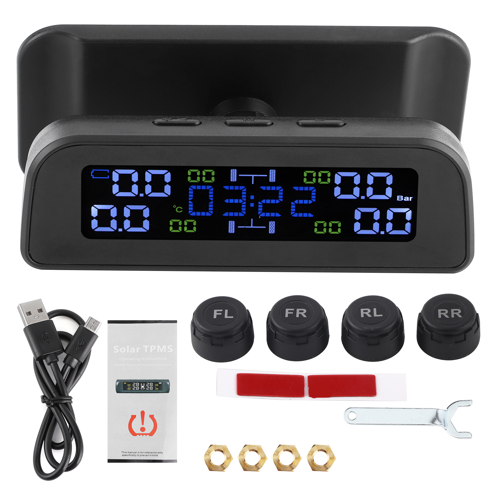 Solarbetriebenes Reifendruckkontrollsystem, Lcd-anzeige, Automatisches Tpms Mit Externen Sensoren Und Integrierter Uhr