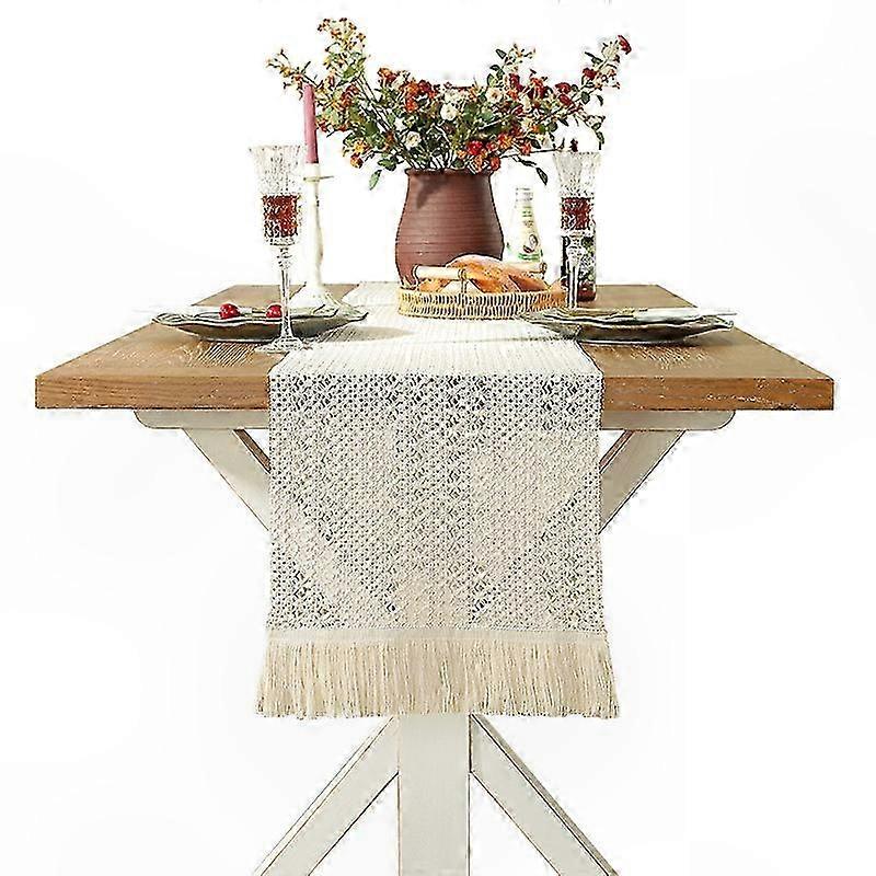 Beige Makramee-tischset, Feine Häkelspitze, Rechteckiger Bohème-stil, Rustikale Wohndekoration, 35 X 160 Cm