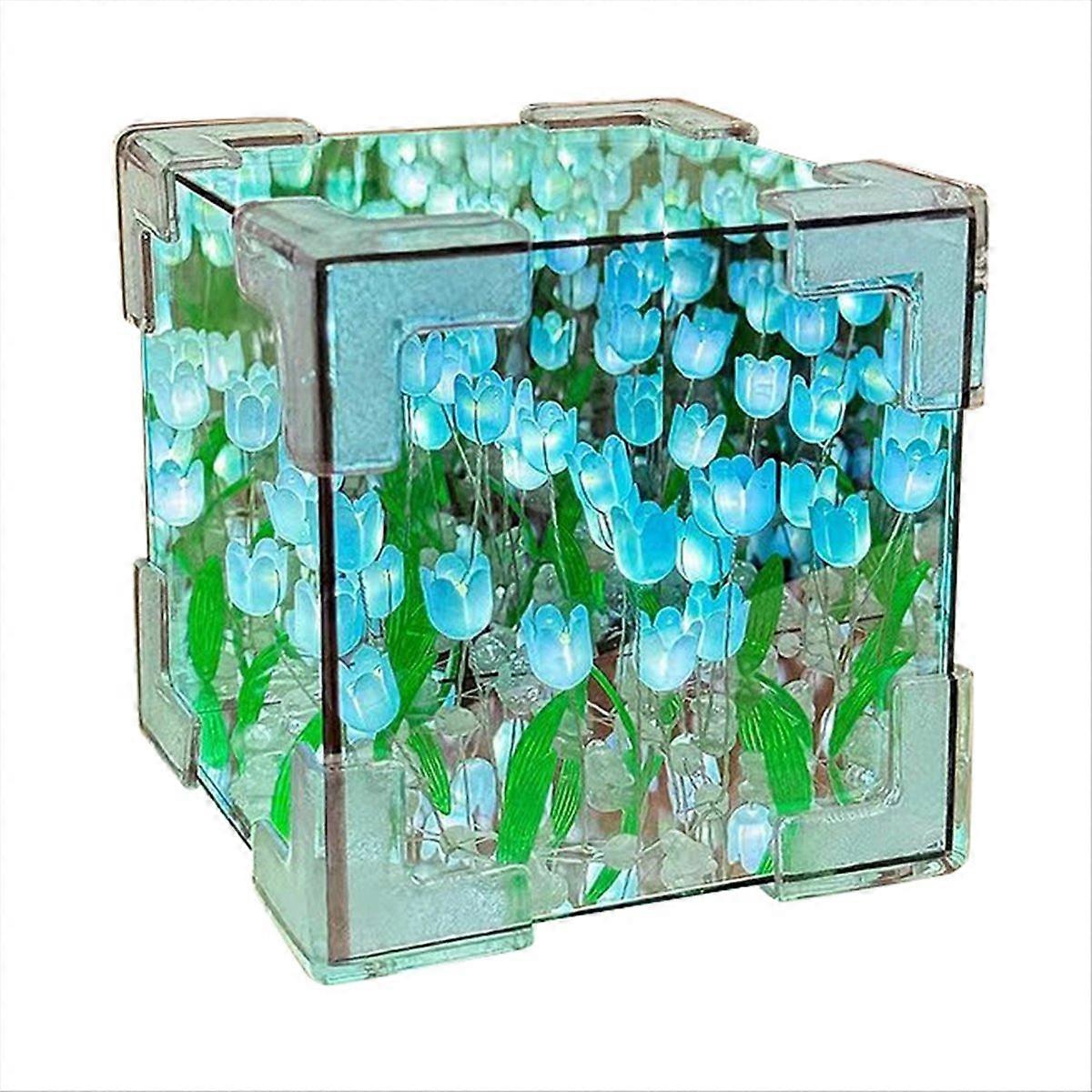 Dekorative Würfellampe Mit Blauen Spiegeltulpen, Originelles Nachtlicht Fürs Schlafzimmer, Schreibtischaccessoire, Led-lichtgeschenk