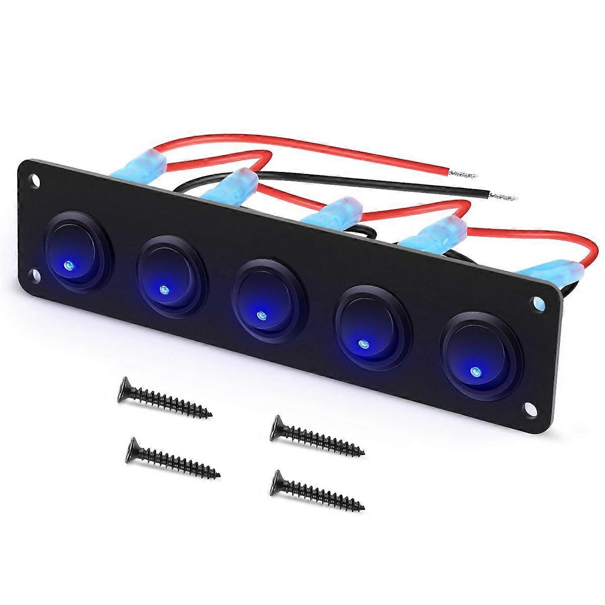 Blauer Kippschalter, Rundes 5-fach-panel Für Armaturenbrett, Wippschalter Mit Abdeckplatte, 5-schalter-set, Kippschalter-stil, Azurblaue Farbe, Für Den Einsatz Im Automobilbereich, Einfache Montage, K