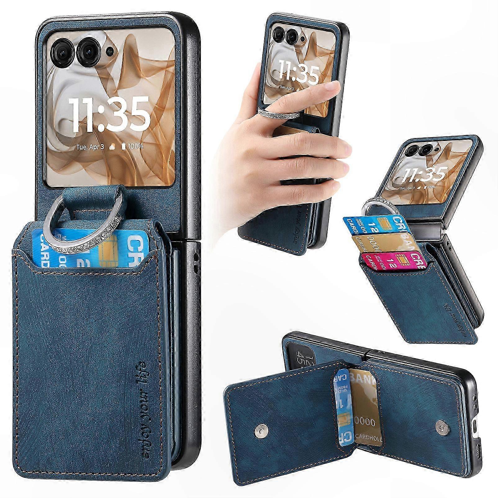 Retroblaue Lederhülle Mit Struktur, Kartenhalter Und Aufstellfunktion, Rückseite Kompatibel Mit Razr 60, 50 Und 5g, Robuster Und Stilvoller Schutz.