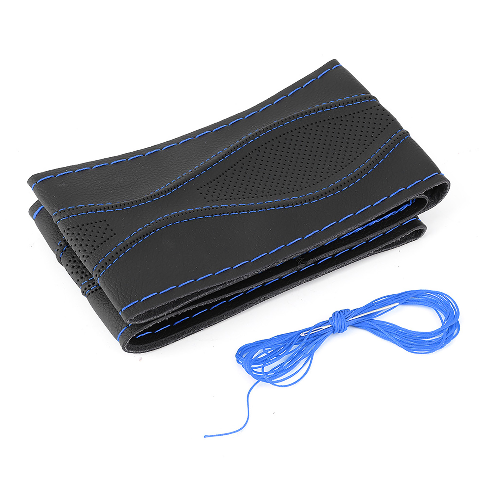 Lederbezogenes Lenkrad 38 Cm/15 Zoll, Handgenähter Bezug Mit Prägung, Nadel Und Faden Inklusive, Universell, Schwarz Und Blau.
