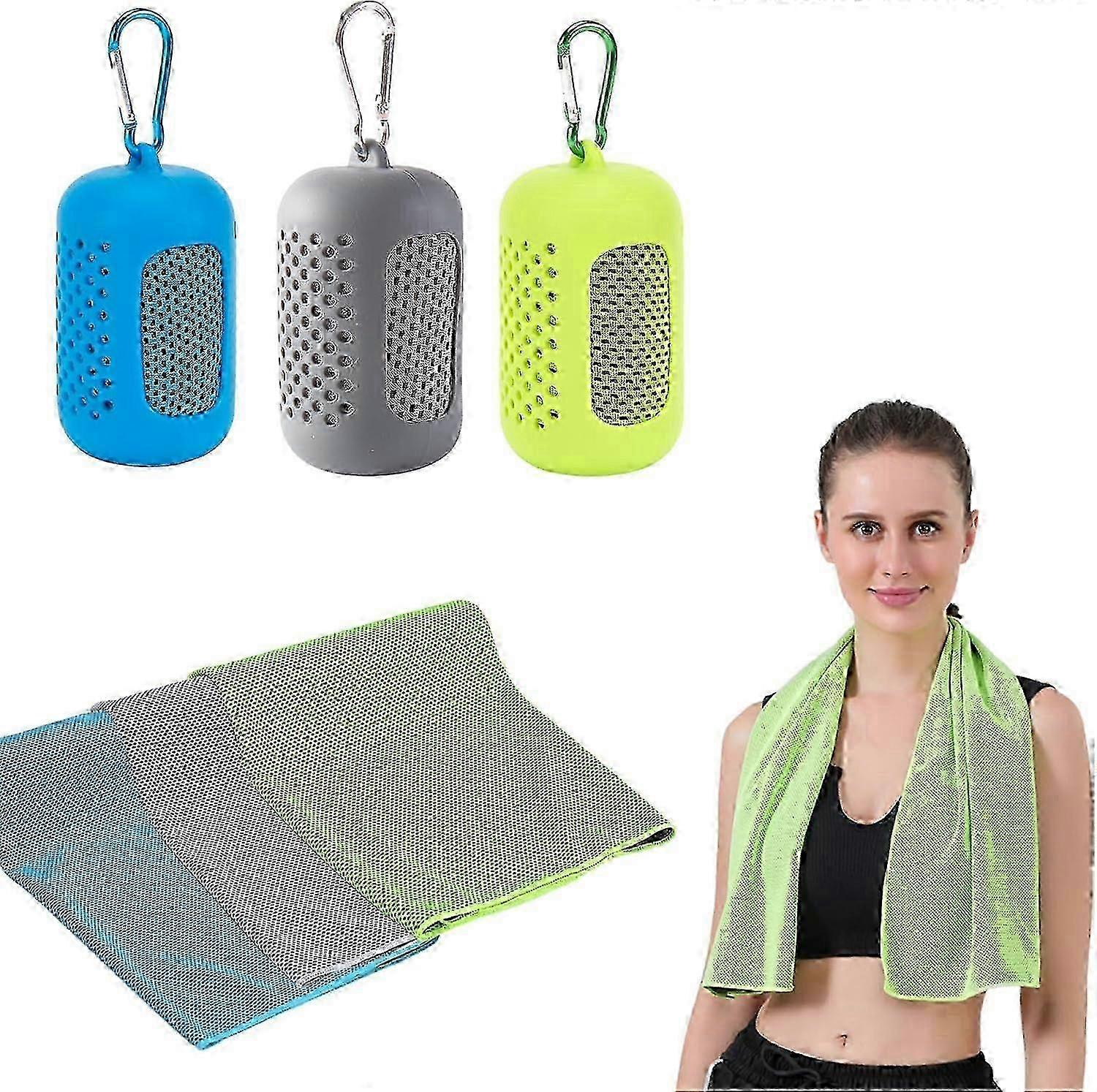 Set Mit 3 Weichen Mikrofaser-kühlhandtüchern – Sport, Yoga, Fitness Mit Tragbaren Silikonhüllen (30 X 90 Cm, Blau, Grau, Grün)