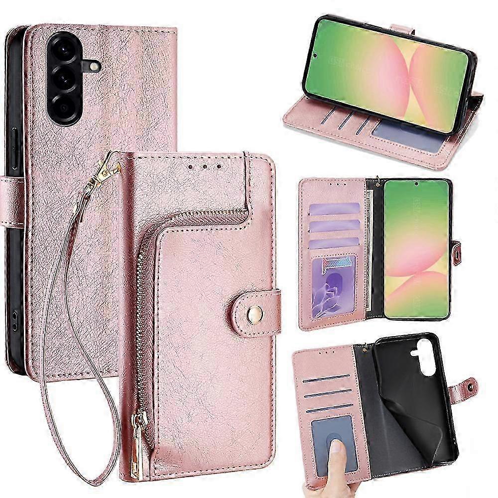 Leder-klapphülle Mit Reißverschluss Für Galaxy A56 5g, Stilvolle Schutzhülle Mit Reißverschluss, Kartenfach, Hart- Und Weichschale, Braun, Im Taschenformat