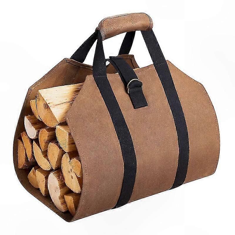 Set Mit 2 Braunen, Wasserdichten Holzständern Aus Canvas, Verstärkten Griffen Und Rutschfestem Holzsockel Zur Aufbewahrung Von Brennholz Im Freien