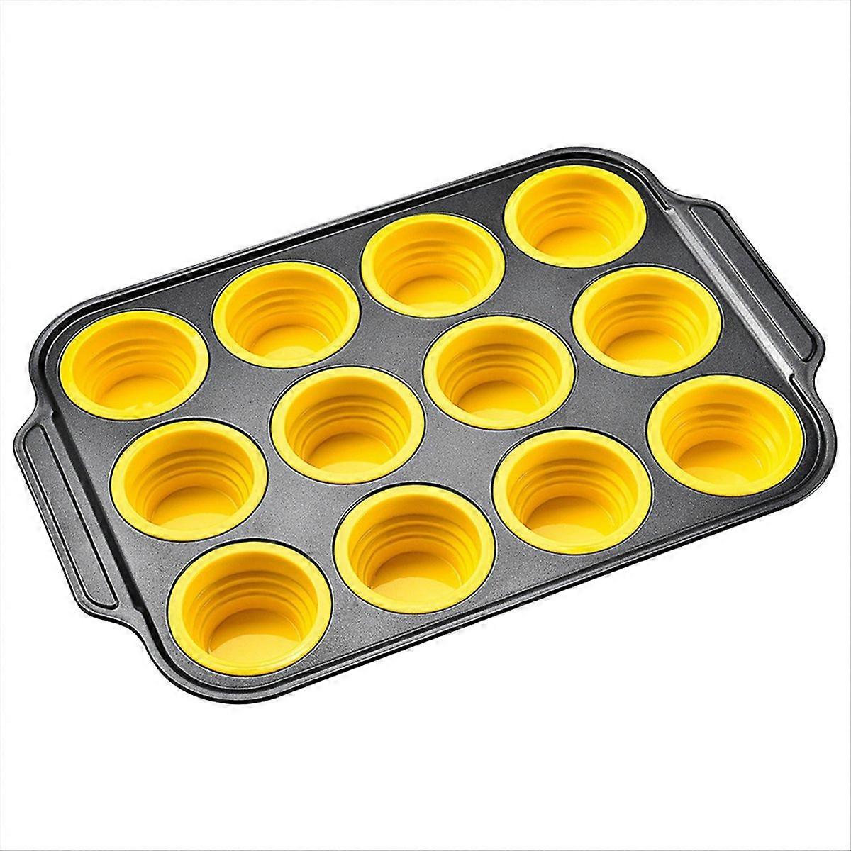 Silikon-muffinform Mit Metallrahmen, 12 Mulden, Leuchtend Gelb, Hitzebeständig, Antihaftbeschichtet, Wiederverwendbar, Ofen- Und Mikrowellengeeignet