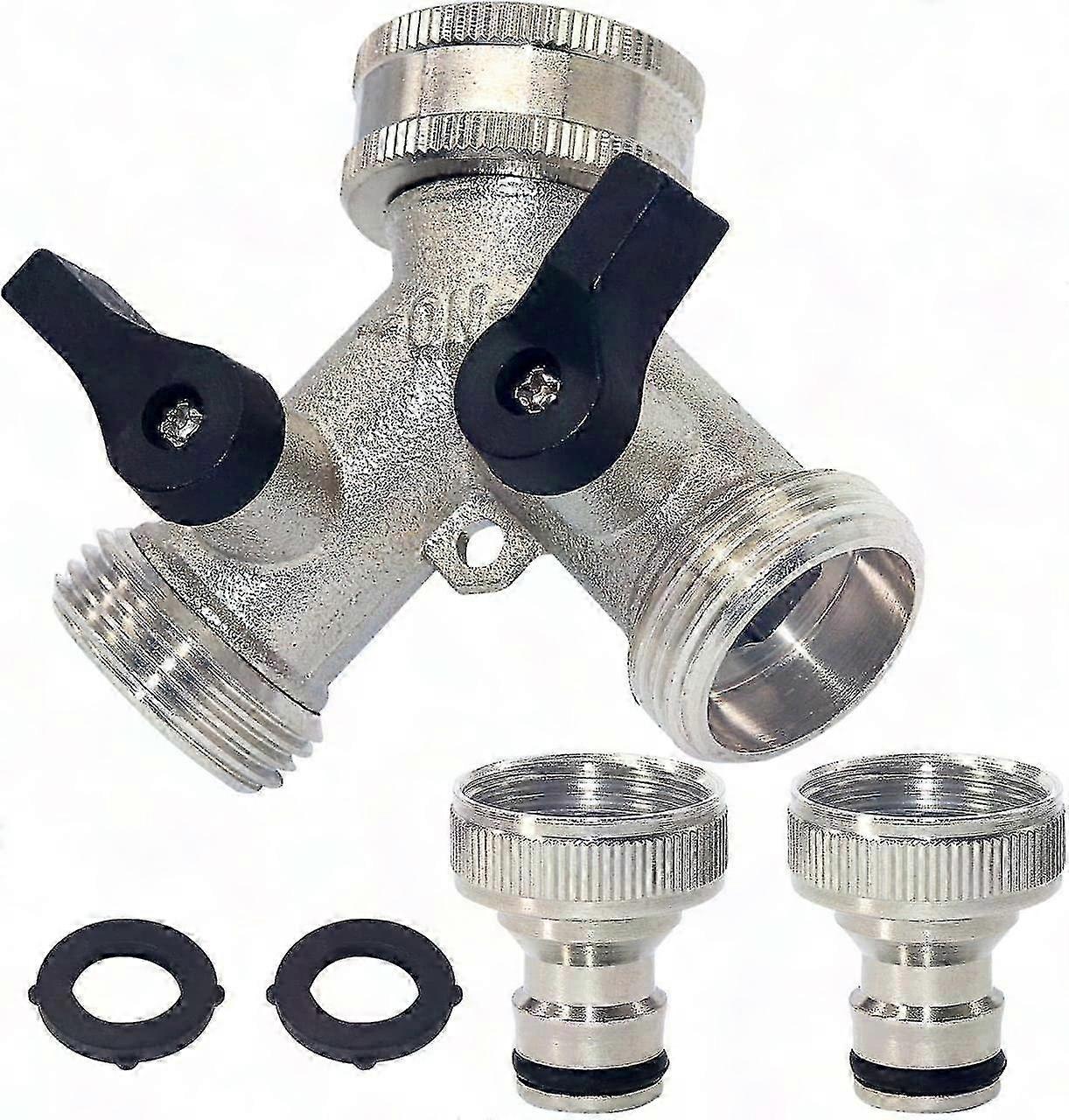 Wasserverteiler Mit Zwei Ausgängen, Doppelhahnanschluss Mit Unabhängigen Ventilen Und Zwei Schnellkupplungen, 3/4-zoll-y-adapter Aus Silberfarbenem Messing Für Die Gartenbewässerung