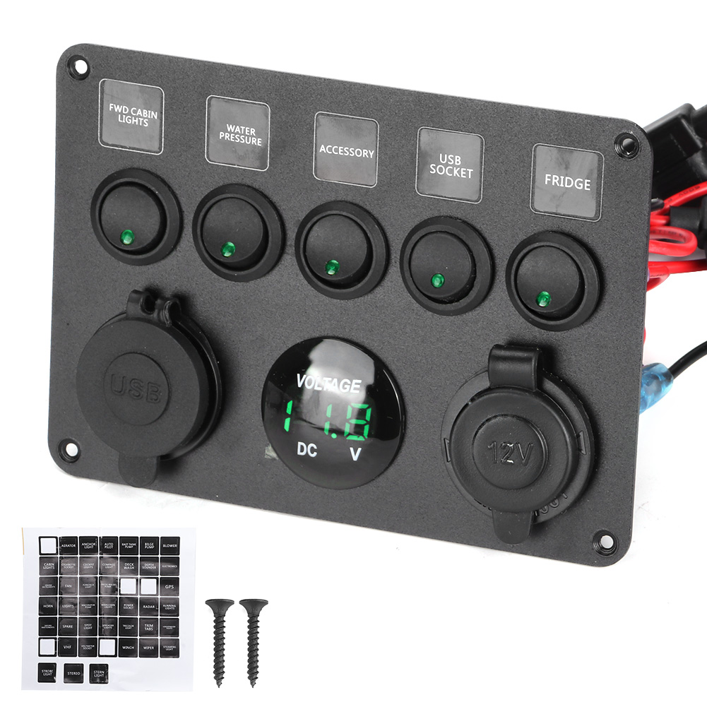 5-led-wippschalterpanel Mit Digitalem Voltmeter, Universell Für Wohnmobil, Auto, Motorboot, Grün