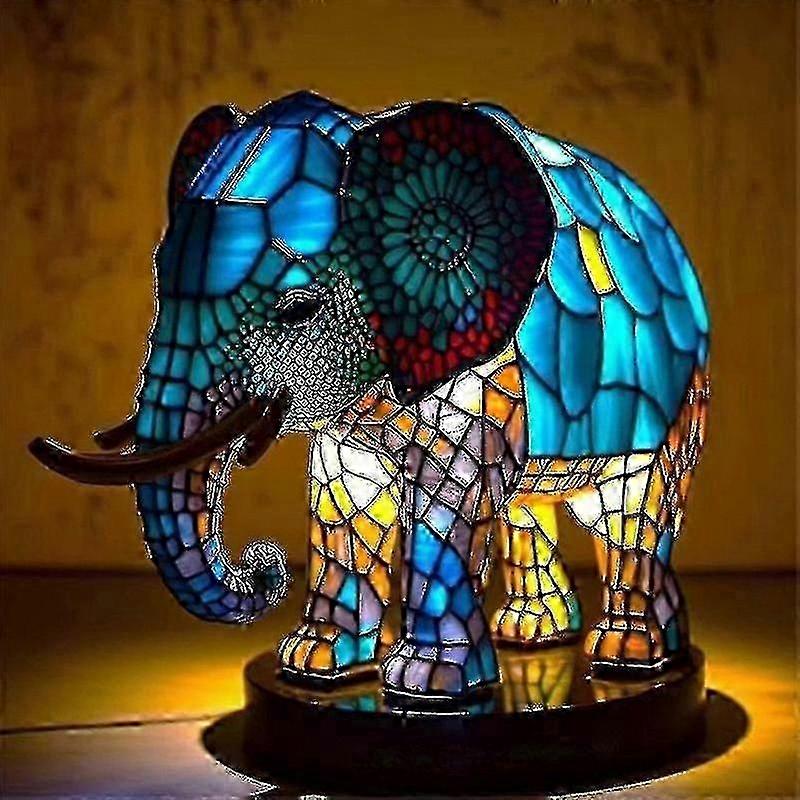 Bunte Elefanten-tischlampe Aus Kunstharz Im Tiffany-stil, Elegante Inneneinrichtung, Einzigartiges Modell Für Wohn- Und Schlafzimmer.