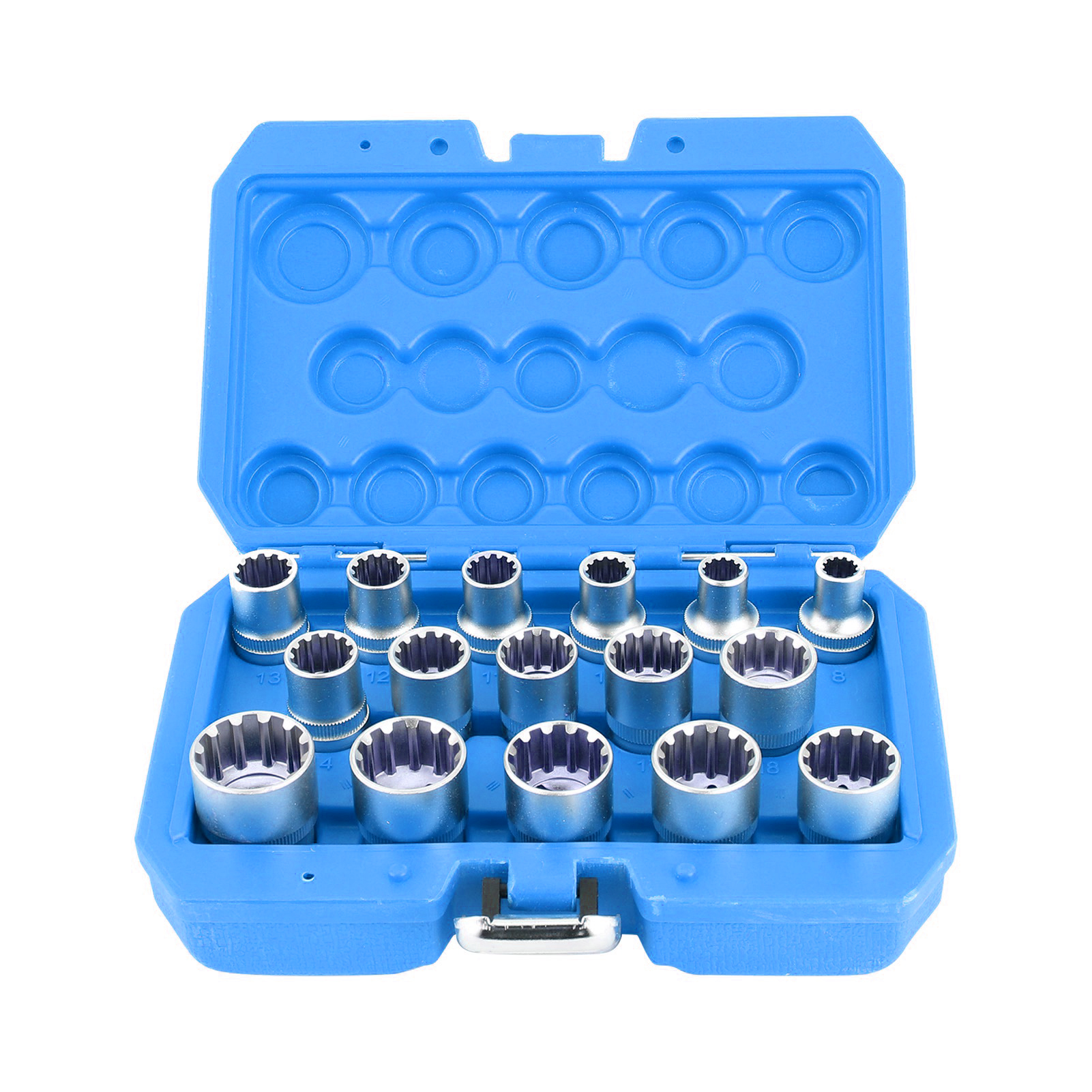Set Mit 16 Spline-duschköpfen 1/2 Zoll Sae/metric, Nickel-spiegel-finish, 12 Universal-seitenteile.