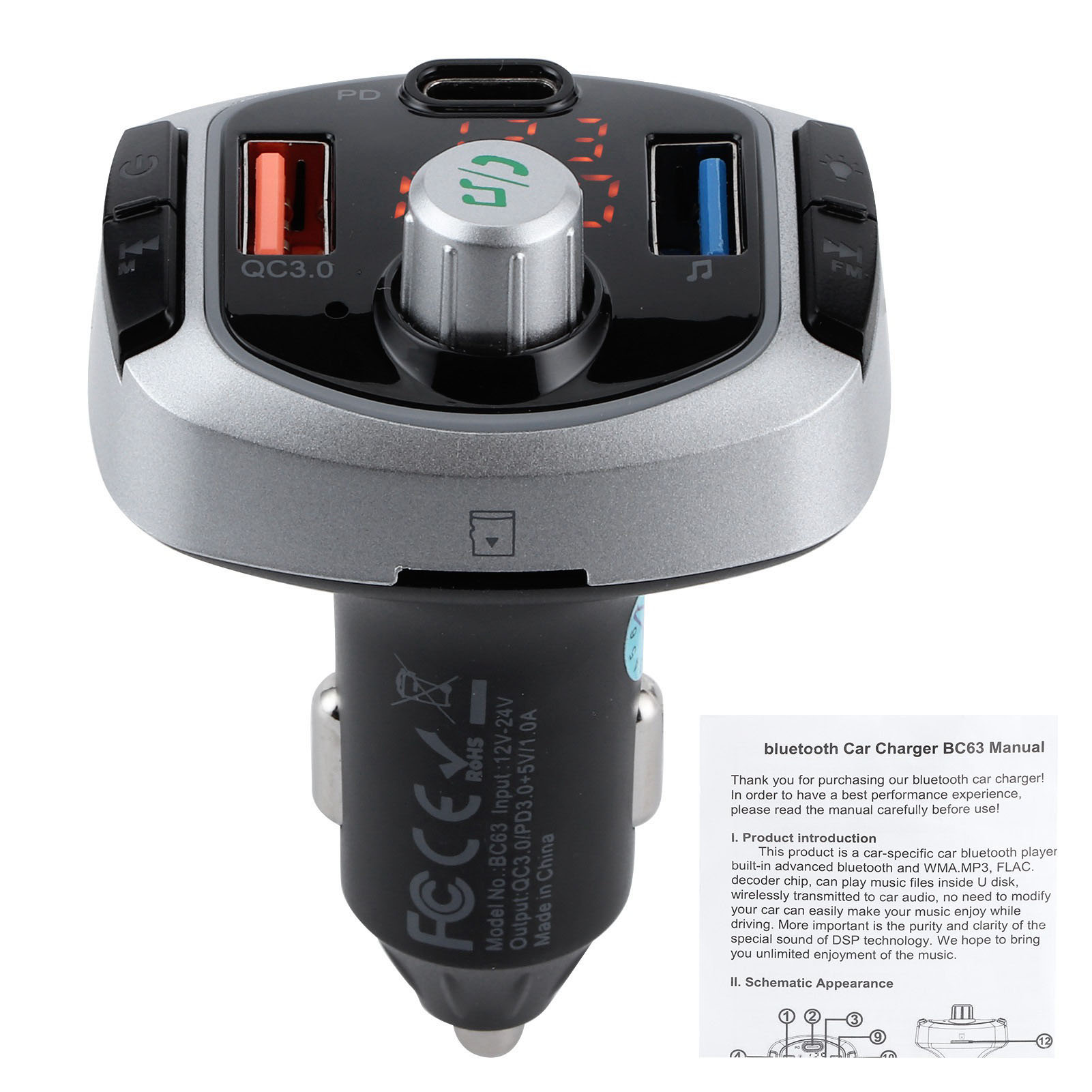 Bluetooth 5.0 Fm-transmitter Mit Mp3-player, Freisprechfunktion, Zwei Hellen Farbdisplays, Pd3.0- Und Qc3.0-anschlüssen