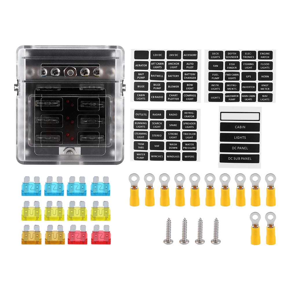 6-facher 12v-24v Kfz-elektrikverteilerkasten, Flachsicherungshalter Mit Sicherungen, Klemmenkasten.