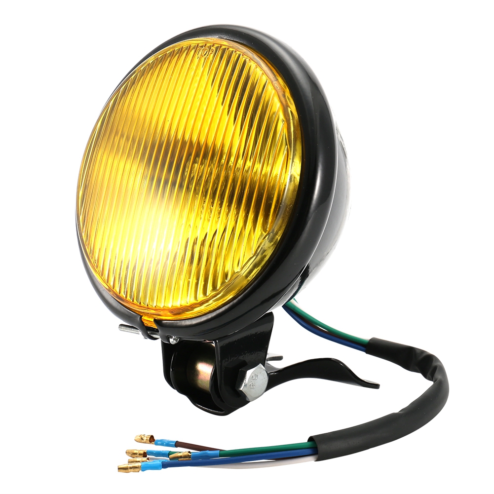 Universeller Retro-motorradscheinwerfer In Schwarz Mit Gelber Linse, Frontscheinwerferlampe Für Motorräder
