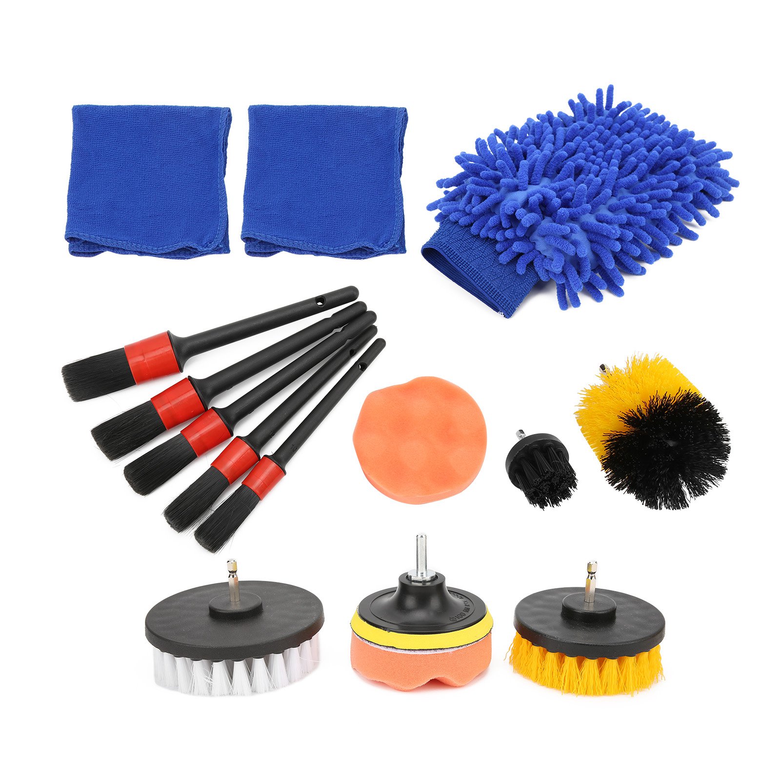 Set Mit 15 Autopflegebürsten Inklusive Bohrmaschinenaufsatz, Tuch, Polierpad Und Waschhandschuh Für Felgen, Armaturenbrett Und Motor