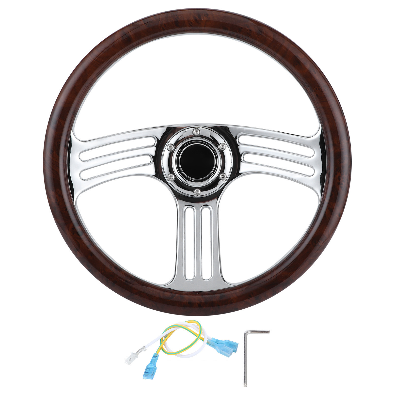 Vintage 3-speichen-chromlenkrad, 14 Zoll (350 Mm), Mit Dunklem Holzkranz Und 6 Schrauben Im Retro-stil