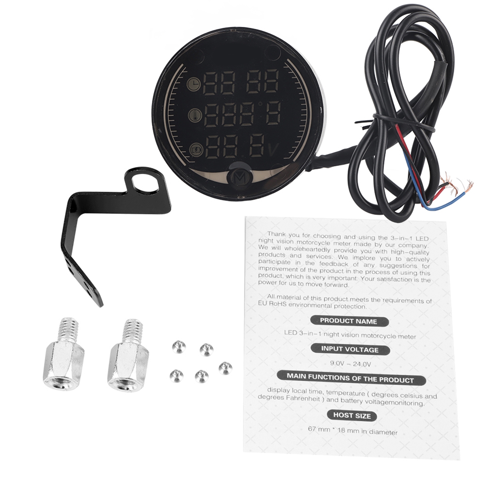3-in-1 Elektronisches Digitalthermometer Für Motorräder: Voltmeter, Uhr, Temperaturanzeige