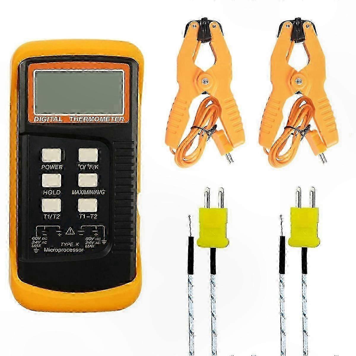 Digitales Zweikanal-thermometer K Mit 2 Sonden Und Befestigungsclips, Messbereich -50°c Bis 1300°c Für Die Rohrleitungs- Und Wärmeindustrie.