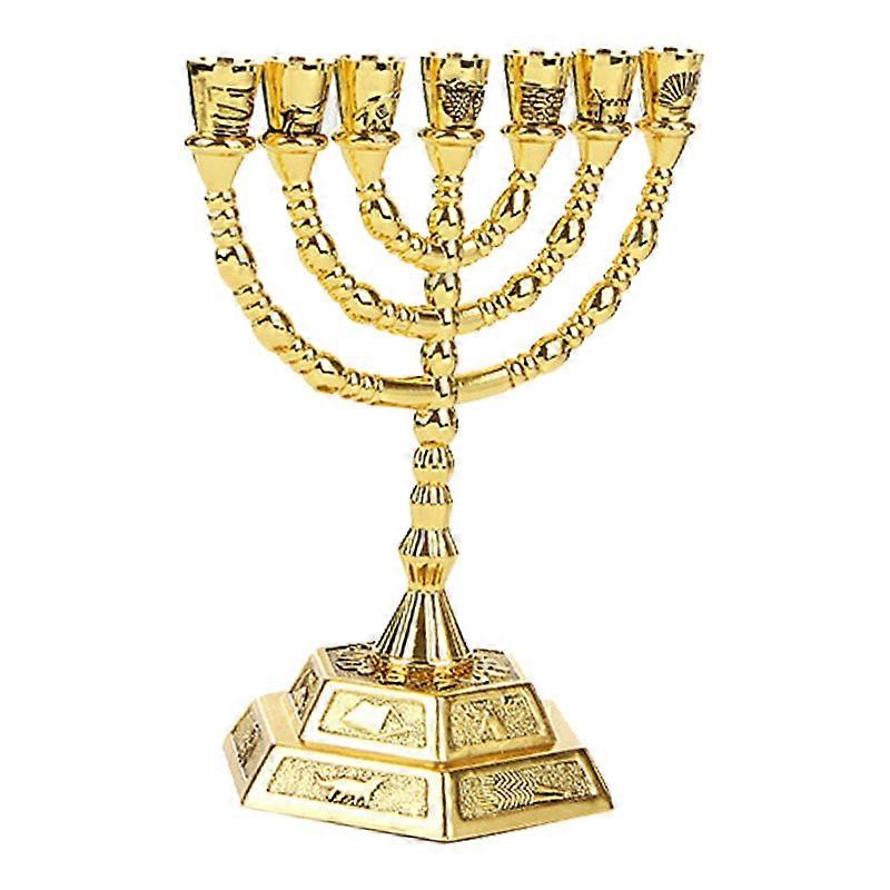 Goldene Jüdische 7-armige Menora – Menora Aus Goldmetall Für Kerzen, Dekoratives Und Rituelles Stück, 27 Cm, Glänzende Oberfläche, Für Den Innenbereich Und Zeremonien.