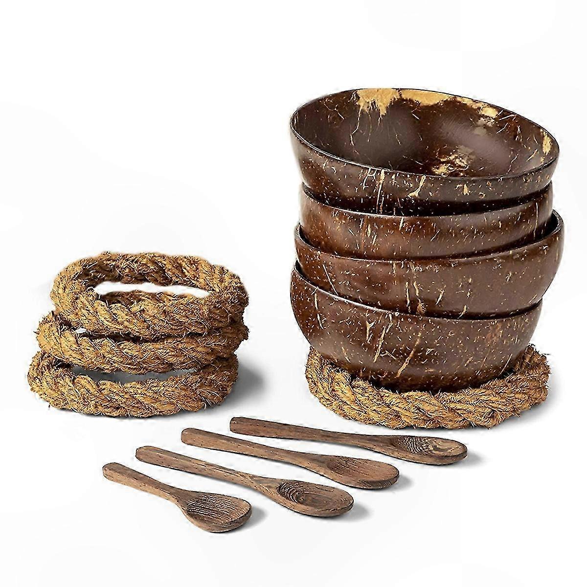 Schale Aus Natürlicher Kokosnussschale, Holzbesteck Und -ständer, 4-teiliges Salatset
