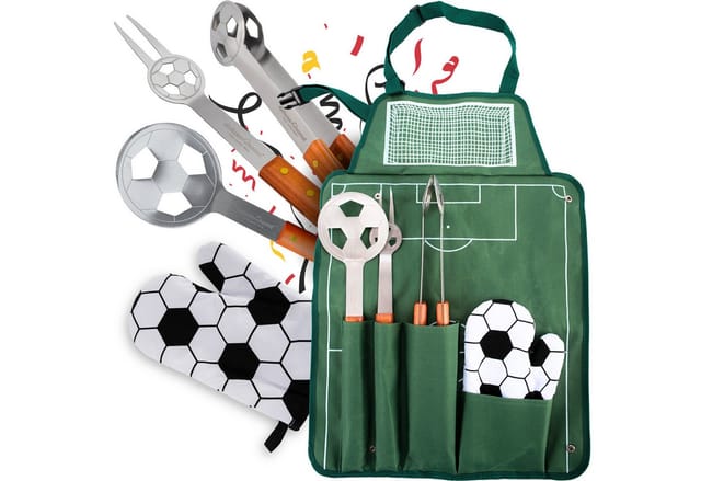 deluxe4home Grillset mit Grillbesteck Grillgabel Grillzange Grillwender und Grillhandschuh Fussball Design