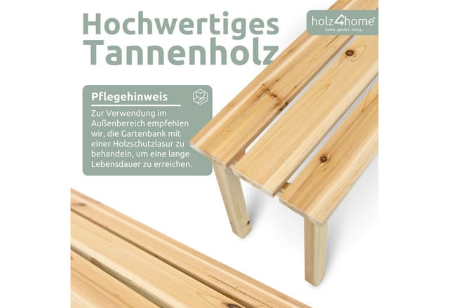 holz4home Gartenbank aus Tannenholz Bis zu 150 Kg Traglast Holzbank 118cm Lang Natur