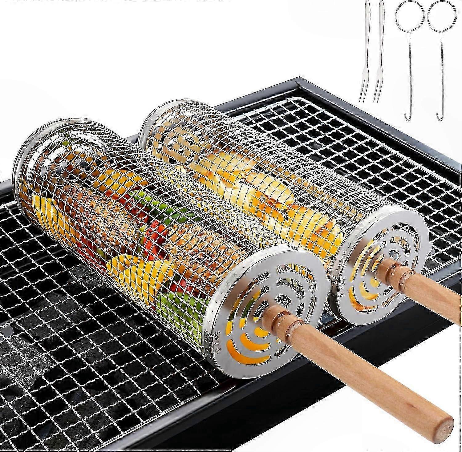 Set Aus 2 Grillkörben Aus Edelstahl Mit Holzgriffen, Grillzubehör Für Den Außenbereich Und Essen Im Freien