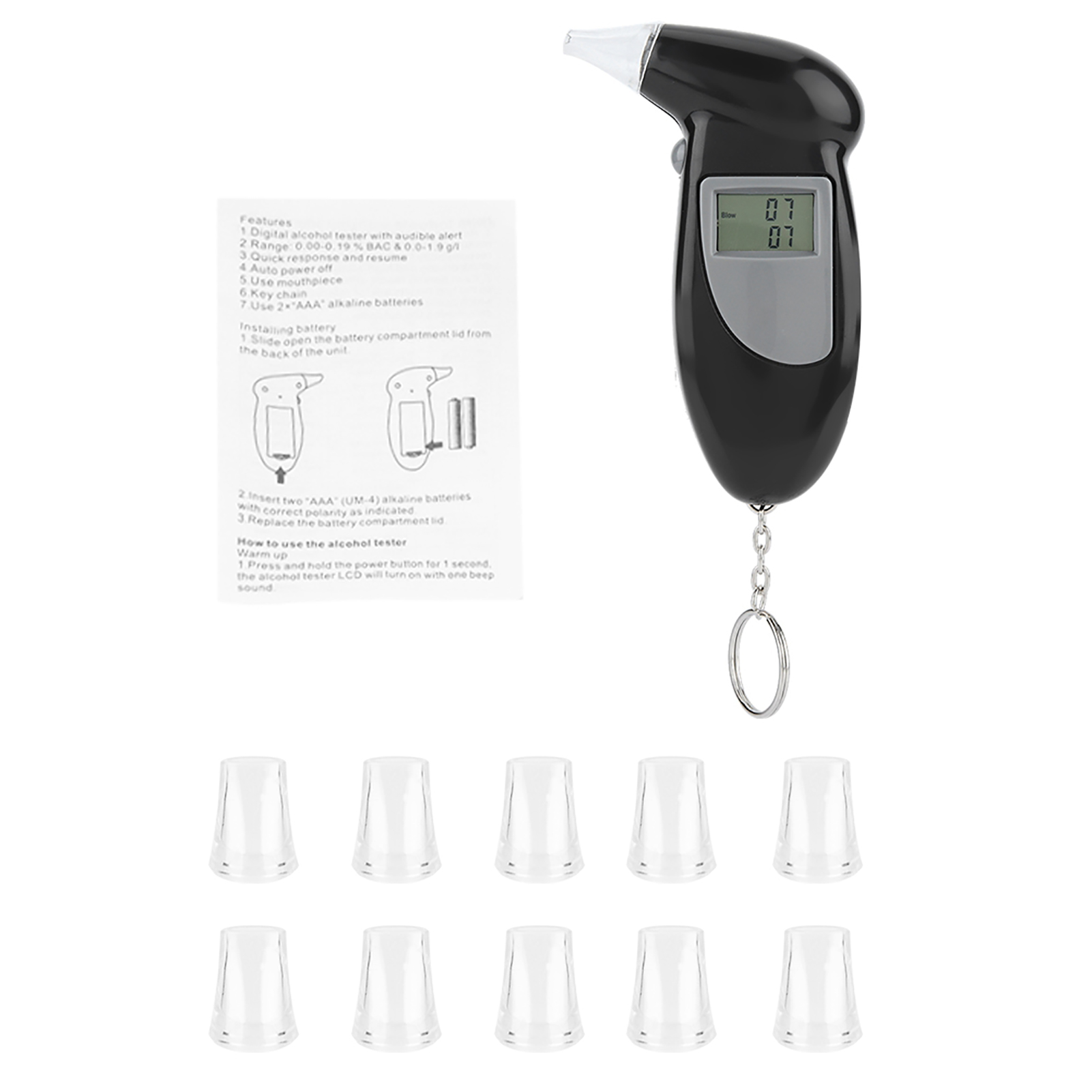 Tragbarer Digitaler Alkoholtester Mit Lcd-display Am Schlüsselanhänger Und 10 Mundstücken