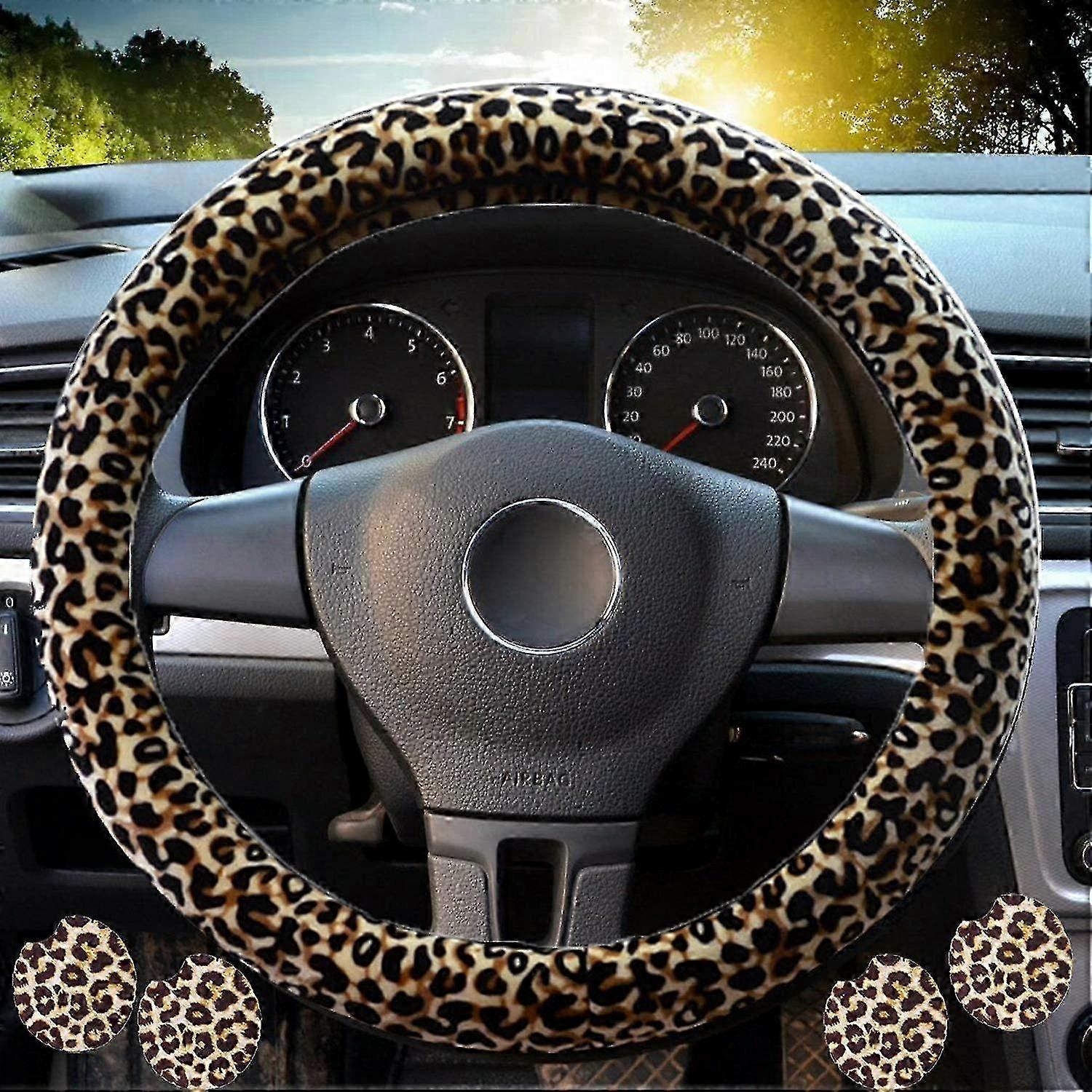 Beigefarbener Lenkradbezug Mit Leopardenmuster Für Damen – Eleganter Autolenkradbezug, Schickes Autoaccessoire
